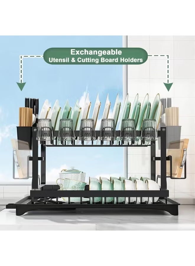 Eworld 2-Tier Stainless Steel Dish Drying Rack, Kitchen Dish Drainer with Utensil, Cup & Cutting Board Holder, Rustproof Countertop Organizer, Black + Free 600ml Fairy - Image 3